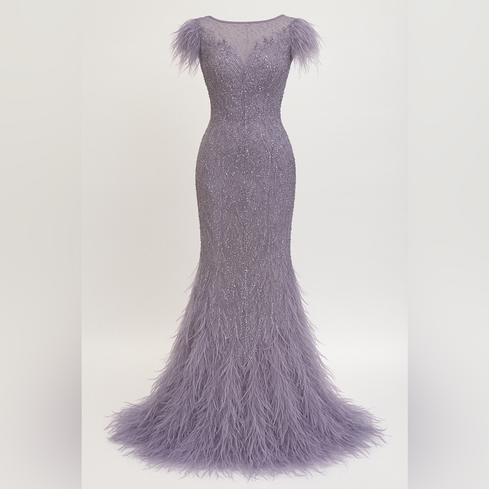 JVN by Jovani Lavender Feathered Gown